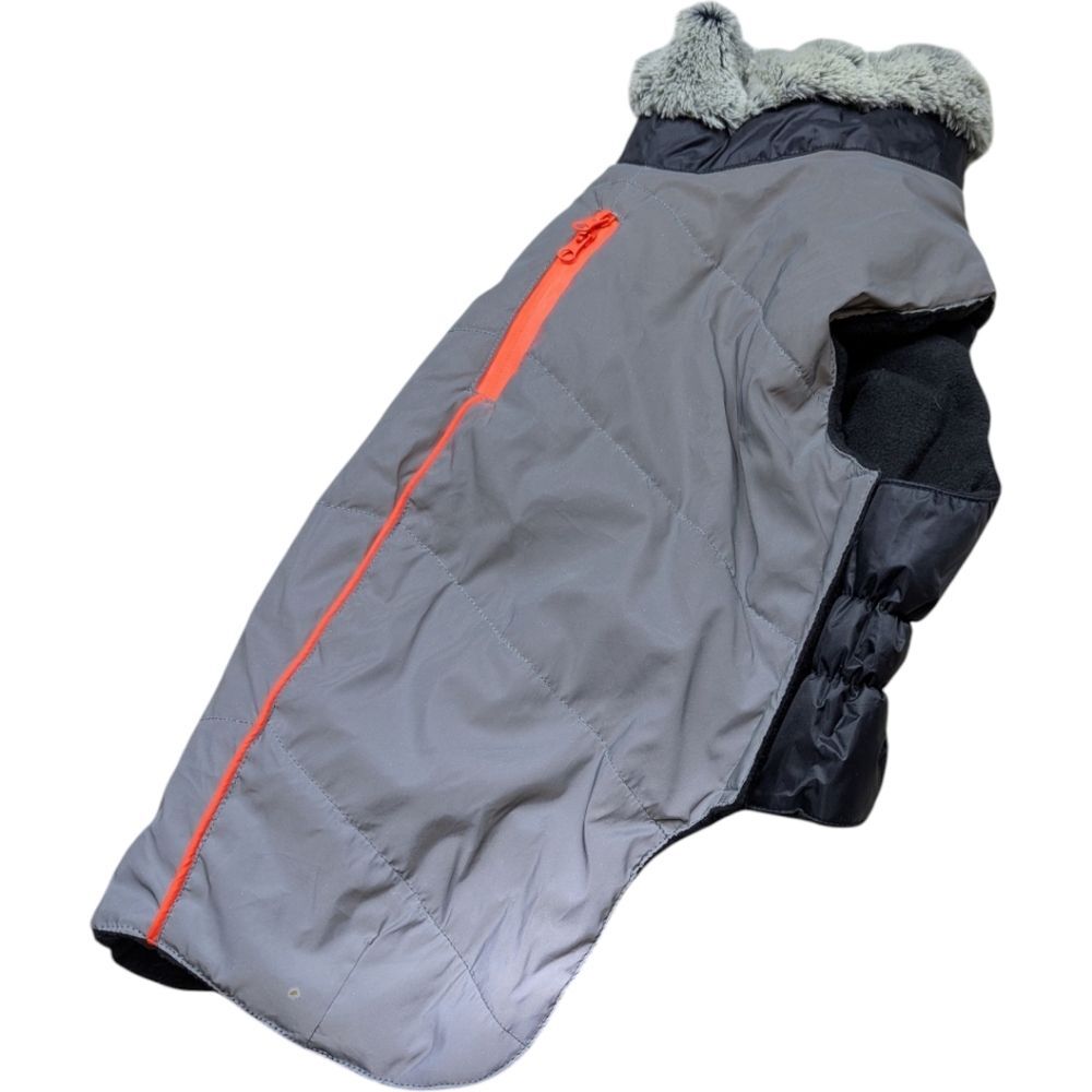 Quilted Puffy Coat For Dog with Fur Collar In Gray And Black